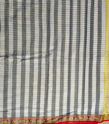 Narayanpet cotton Lemon yellow checks saree with Elephants motifs border and running blouse