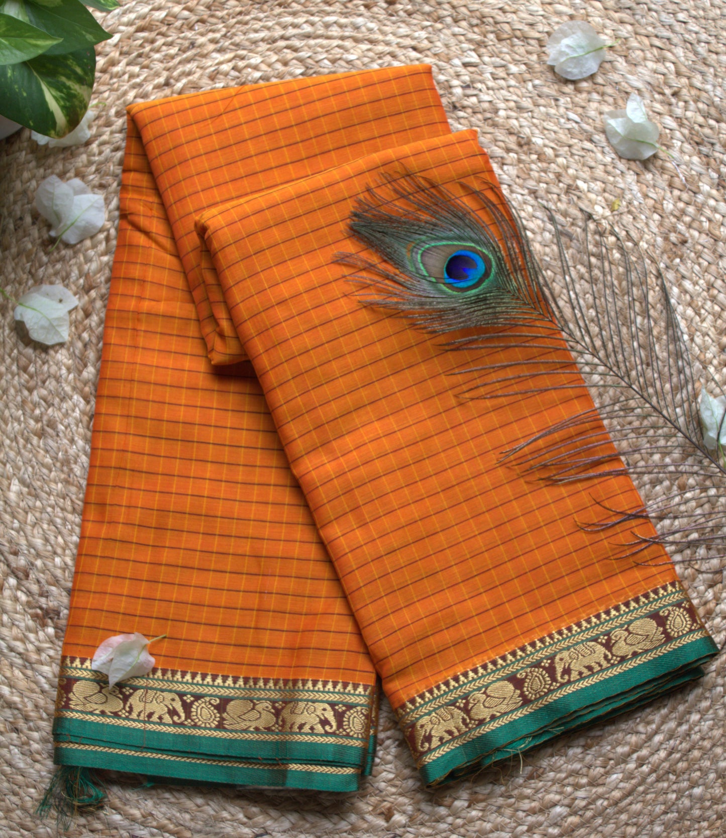 Narayanpet cotton Orange checks saree with Green elephant motifs border and running blouse