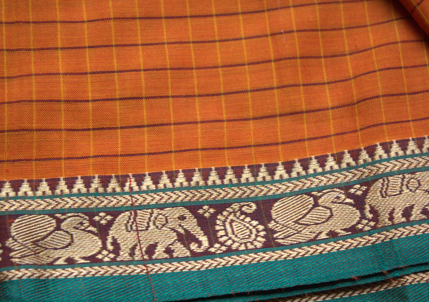 Narayanpet cotton Orange checks saree with Green elephant motifs border and running blouse