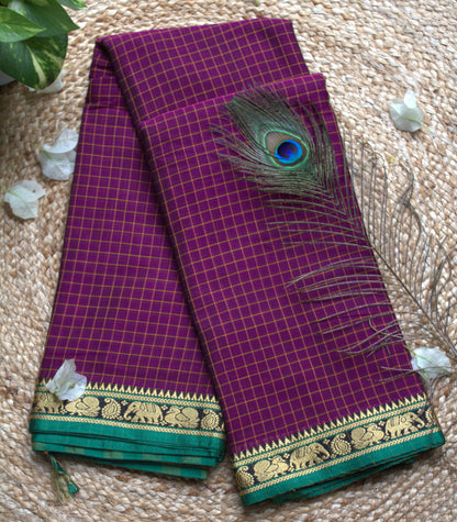 Narayanpet cotton Purple checks saree with green elephant motifs and running blouse