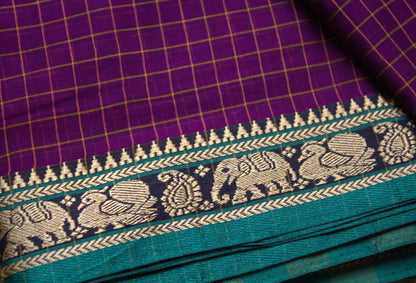 Narayanpet cotton Purple checks saree with green elephant motifs and running blouse