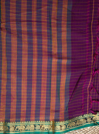 Narayanpet cotton Purple checks saree with green elephant motifs and running blouse