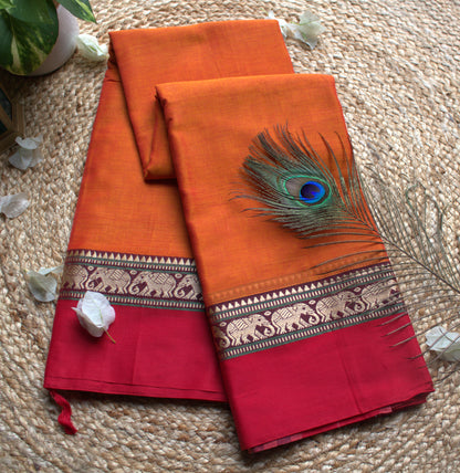 Narayanpet cotton Orange Saree with Red Elephant motifs border and running blouse