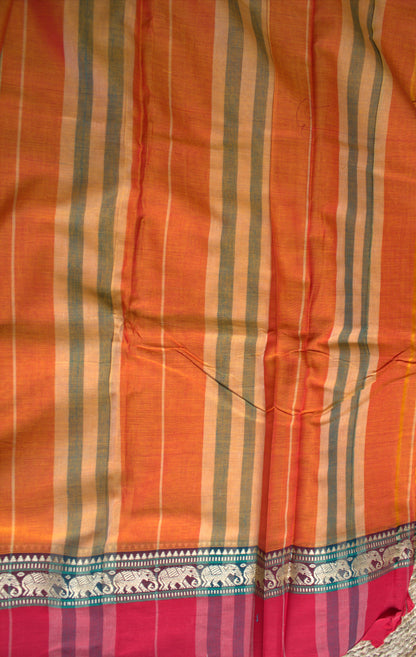 Narayanpet cotton Orange Saree with Red Elephant motifs border and running blouse