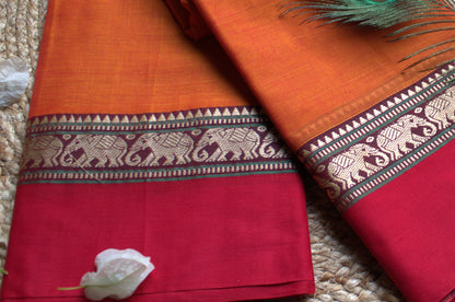 Narayanpet cotton Orange Saree with Red Elephant motifs border and running blouse