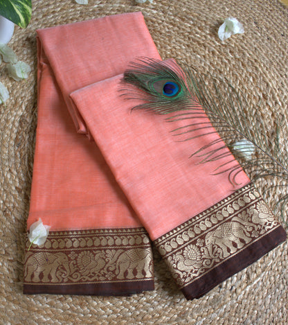 Narayanpet cotton Peach orange saree with Maroon elephant motifs border and running blouse
