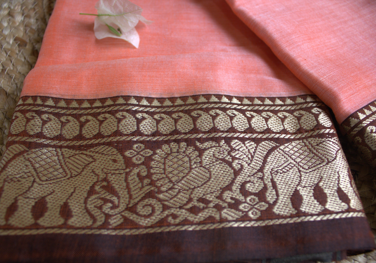 Narayanpet cotton Peach orange saree with Maroon elephant motifs border and running blouse
