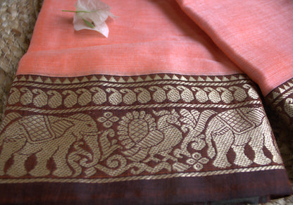 Narayanpet cotton Peach orange saree with Maroon elephant motifs border and running blouse