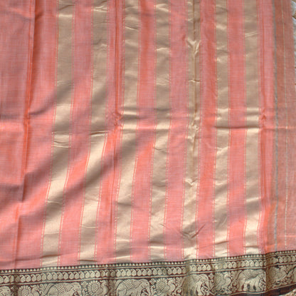 Narayanpet cotton Peach orange saree with Maroon elephant motifs border and running blouse