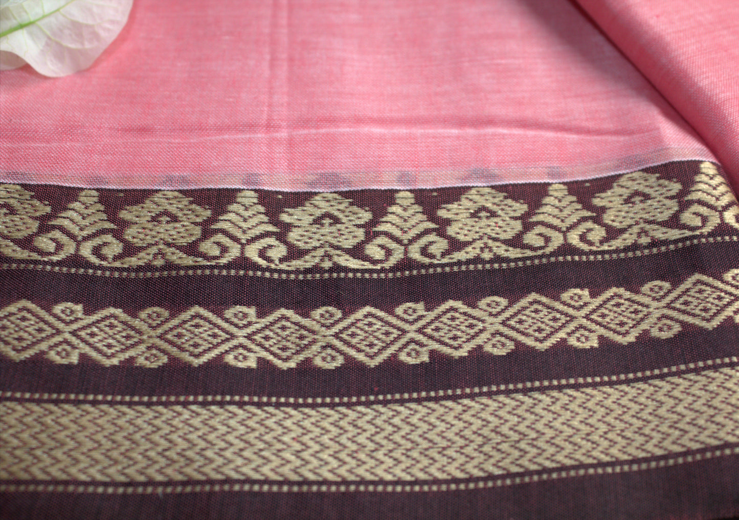 Narayanpet cotton Pink saree with Brown border and running blouse