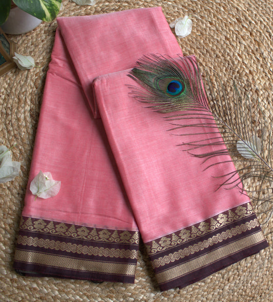 Narayanpet cotton Pink saree with Brown border and running blouse