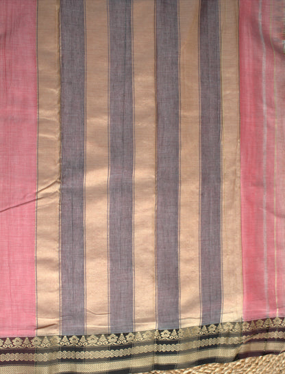 Narayanpet cotton Pink saree with Brown border and running blouse