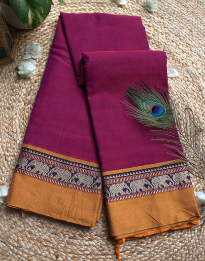 Narayanpet cotton Purple saree with Orange elephant motifs and running blouse