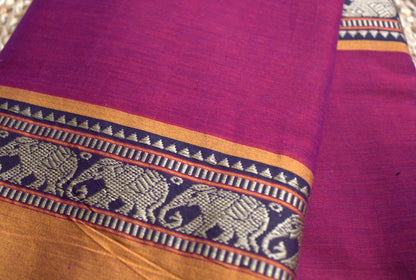 Narayanpet cotton Purple saree with Orange elephant motifs and running blouse