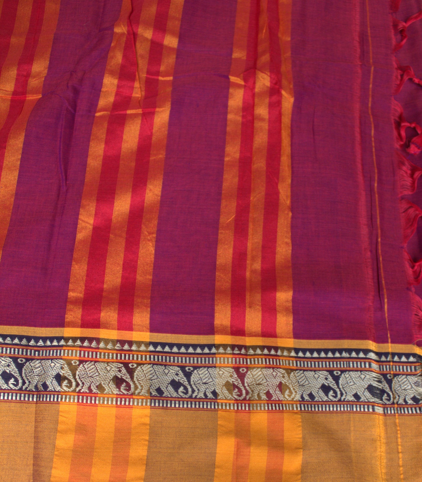 Narayanpet cotton Purple saree with Orange elephant motifs and running blouse