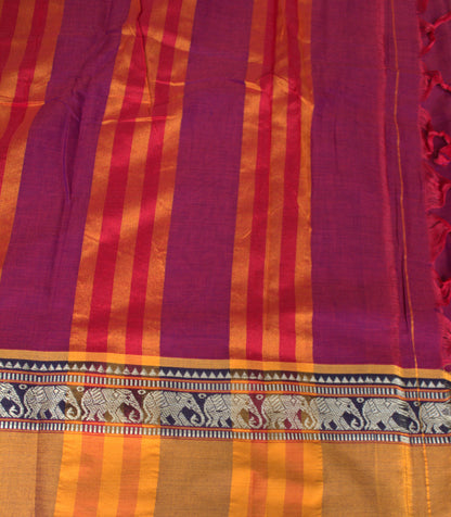 Narayanpet cotton Purple saree with Orange elephant motifs and running blouse