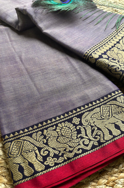 Narayanpet cotton Grey and purple double shade saree with big border and running blouse