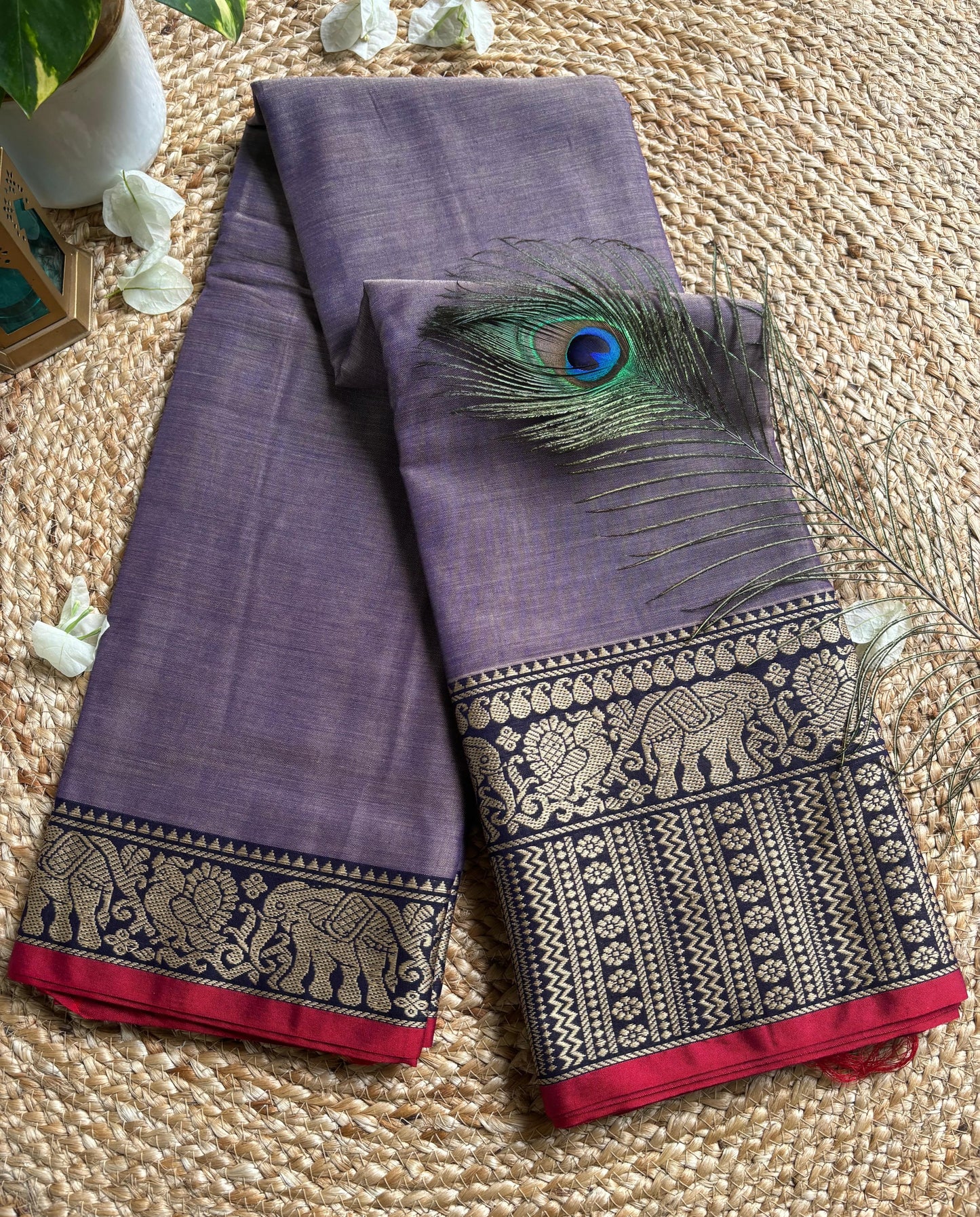 Narayanpet cotton Grey and purple double shade saree with big border and running blouse