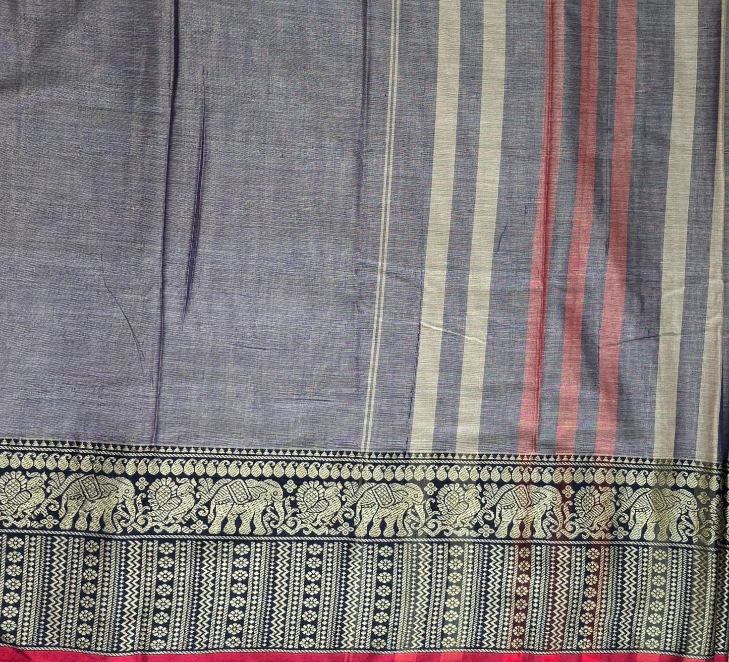 Narayanpet cotton Grey and purple double shade saree with big border and running blouse