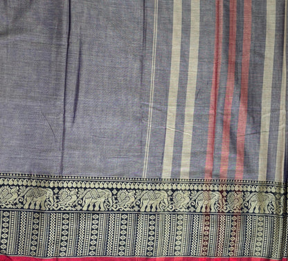 Narayanpet cotton Grey and purple double shade saree with big border and running blouse