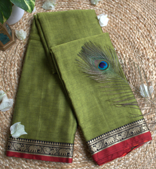 Narayanyet cotton Green saree with small Red border and running blouse