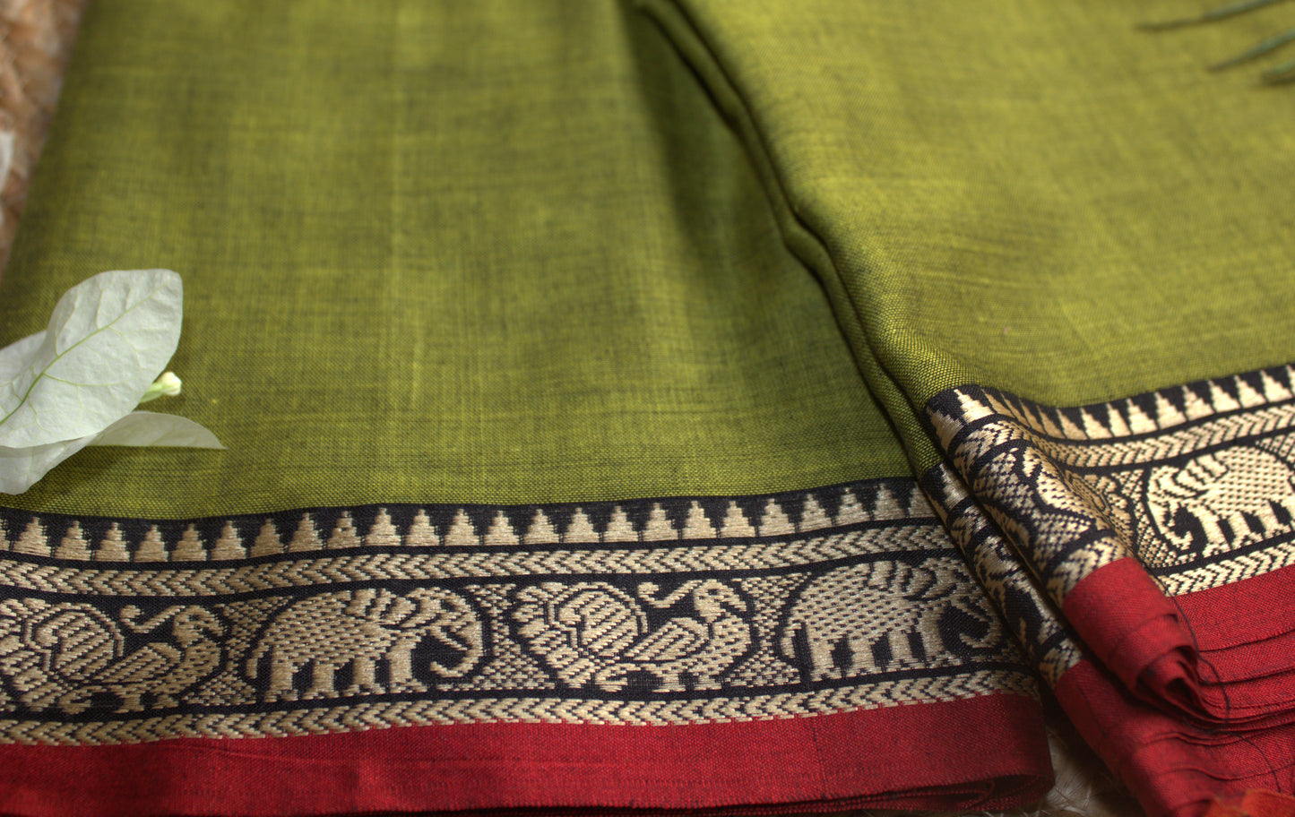 Narayanyet cotton Green saree with small Red border and running blouse