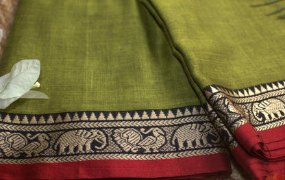 Narayanyet cotton Green saree with small Red border and running blouse