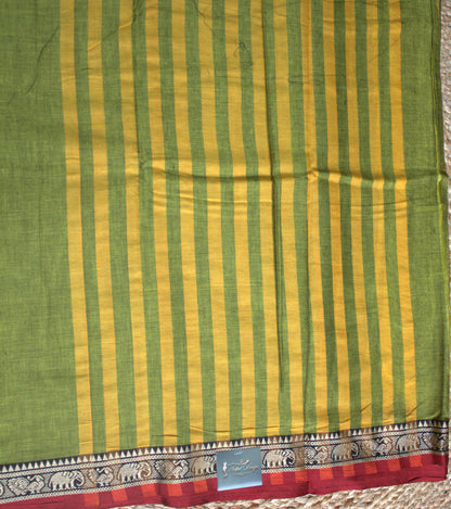 Narayanyet cotton Green saree with small Red border and running blouse