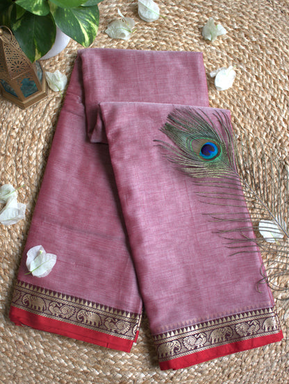 Narayanpet cotton  Rosy brown saree with red small border and running blouse