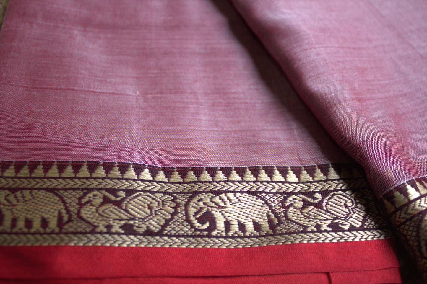 Narayanpet cotton  Rosy brown saree with red small border and running blouse