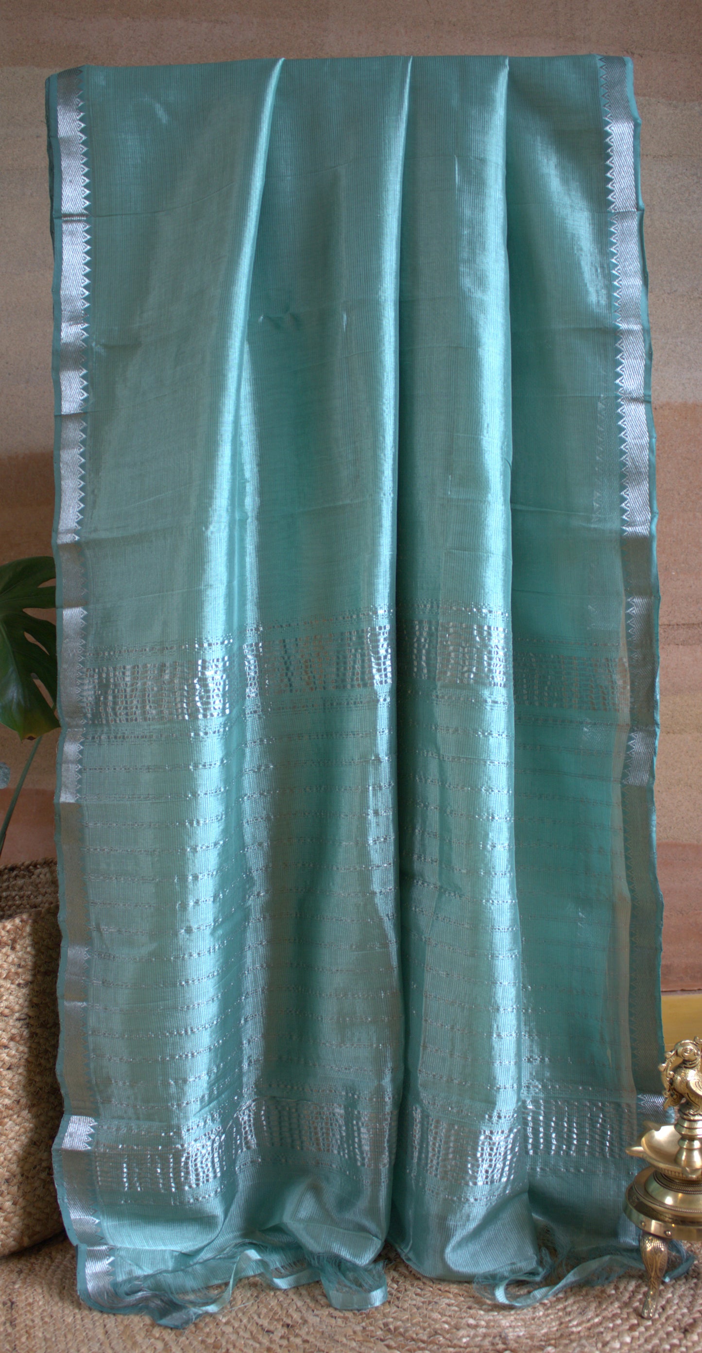 Pure Mangalgiri Pastel Green saree with small zari border and running blouse