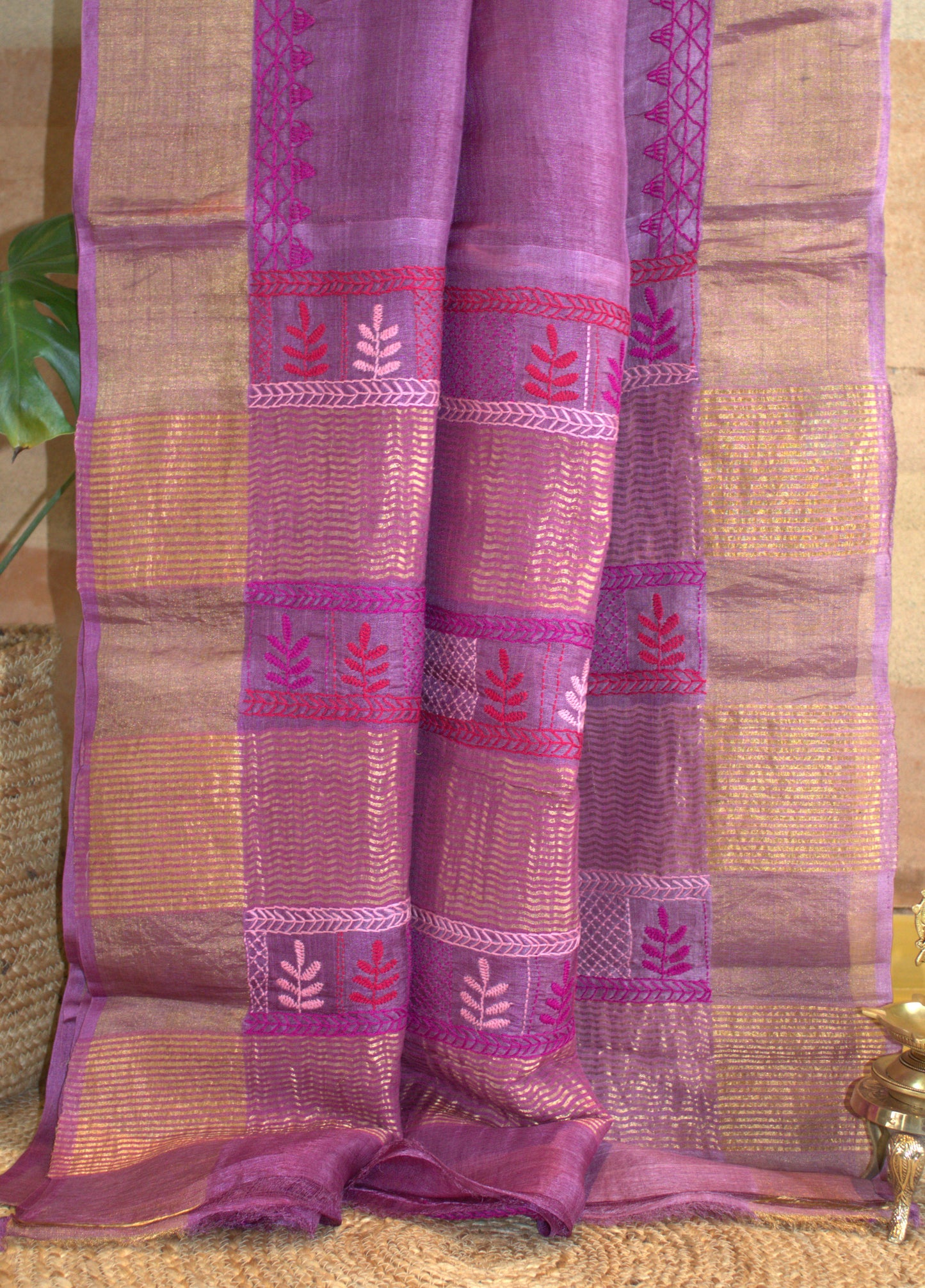 Pure Tussar silk Purple saree with Hand embroidery