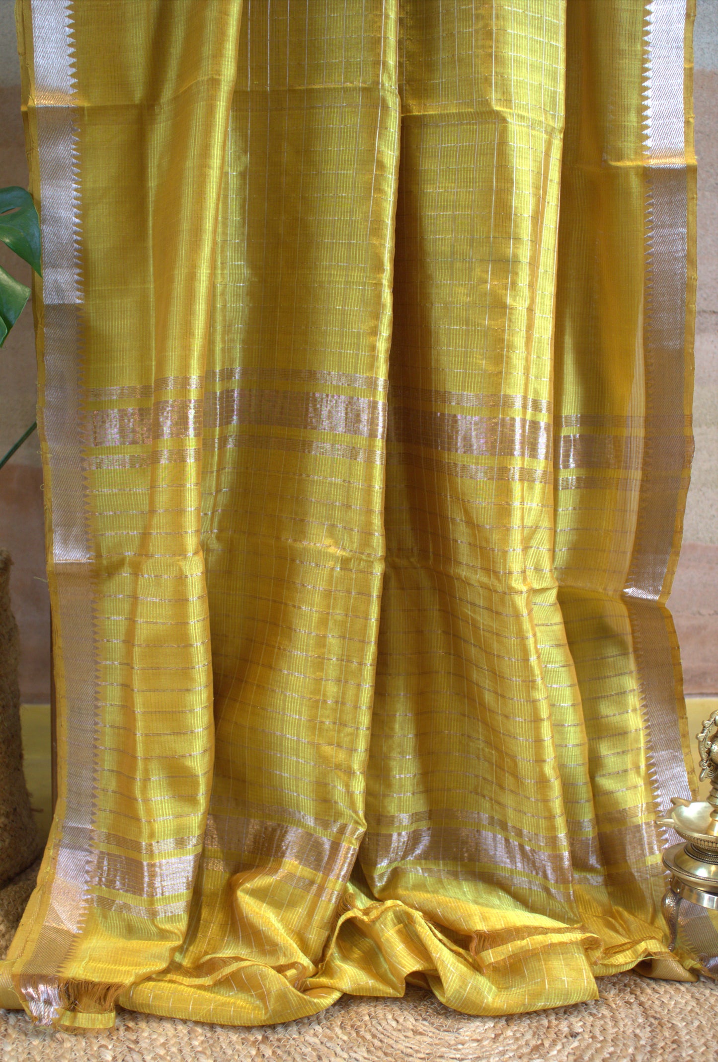 Pure Mangalgiri Yellow silk cotton saree with running blouse and an extra printed blouse