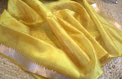 Pure Mangalgiri Yellow silk cotton saree with running blouse and an extra printed blouse