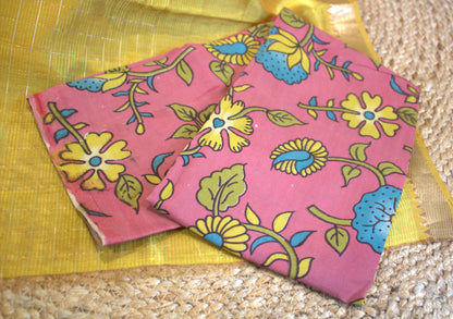 Pure Mangalgiri Yellow silk cotton saree with running blouse and an extra printed blouse