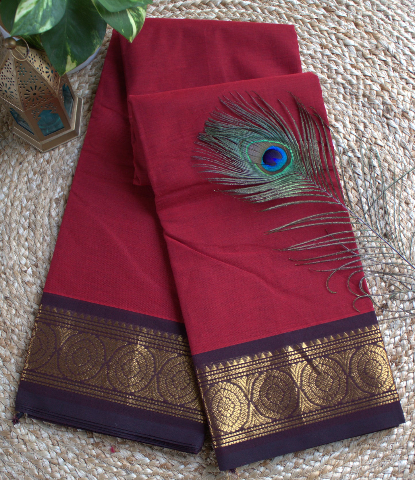 Chettinad cotton Red saree with Blue zari border and running blouse