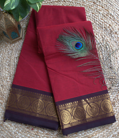 Chettinad cotton Red saree with Blue zari border and running blouse