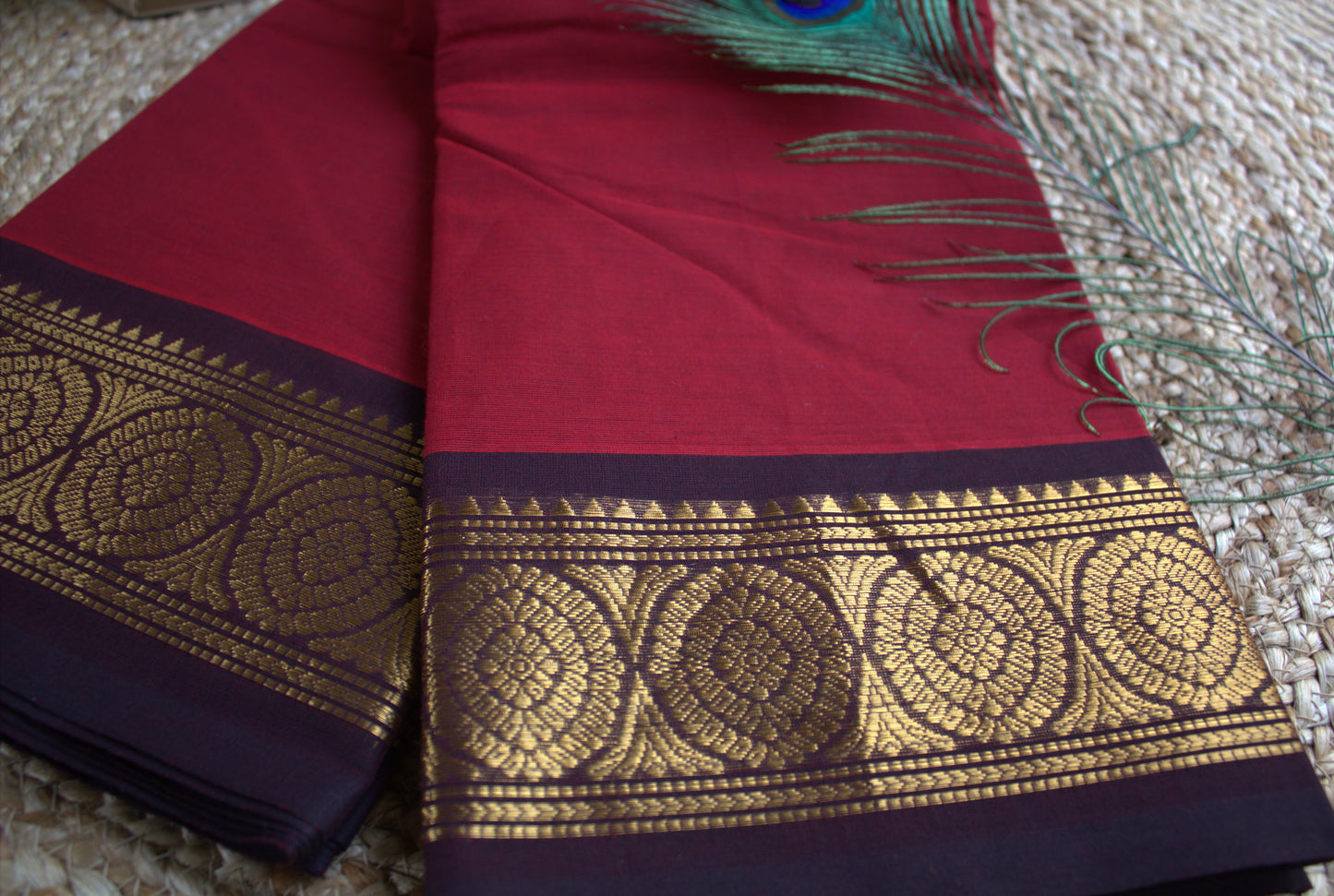 Chettinad cotton Red saree with Blue zari border and running blouse