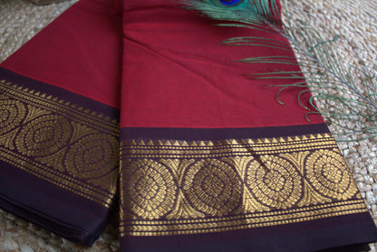 Chettinad cotton Red saree with Blue zari border and running blouse