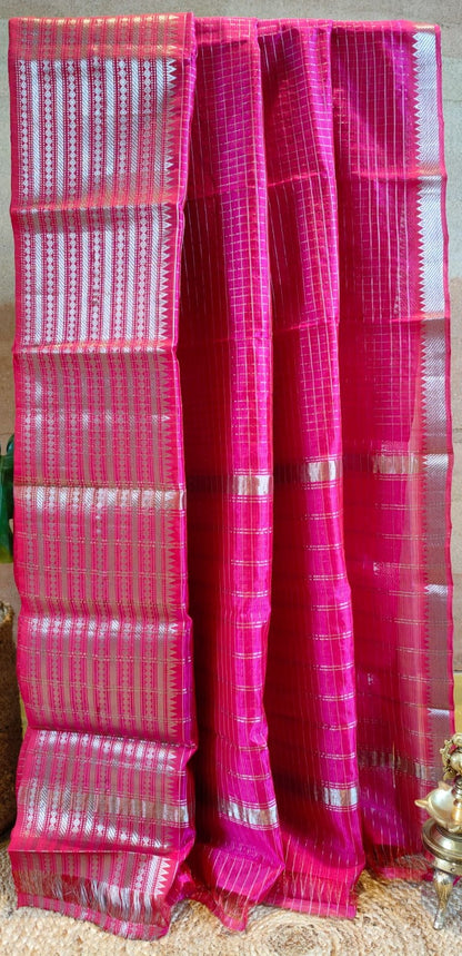 Mangalgiri Pink silk cotton saree with rudhraksha border and running blouse
