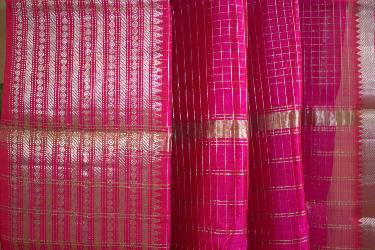 Mangalgiri Pink silk cotton saree with rudhraksha border and running blouse