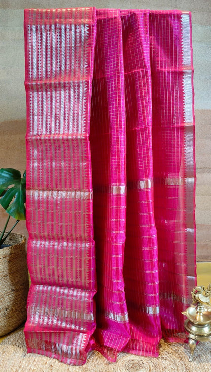 Mangalgiri Pink silk cotton saree with rudhraksha border and running blouse