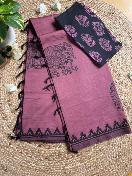 South cotton Purple saree with elephant hand block print