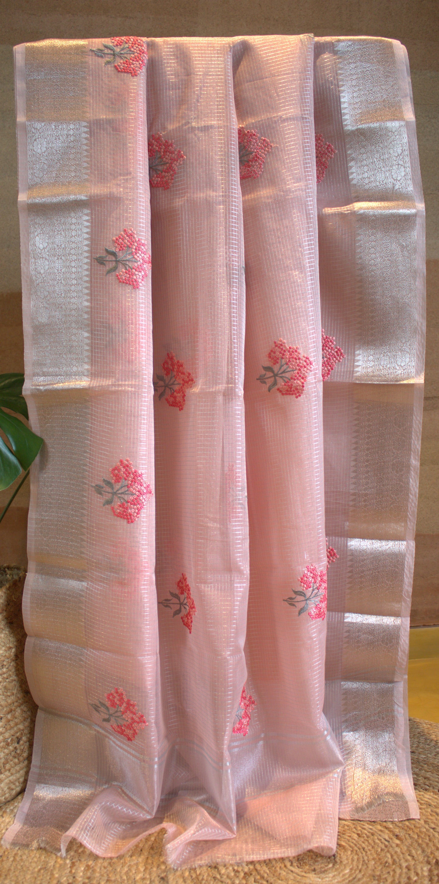 Kota Pink tissue Saree with Zari border and running blouse