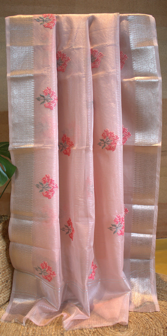 Kota Pink tissue Saree with Zari border and running blouse
