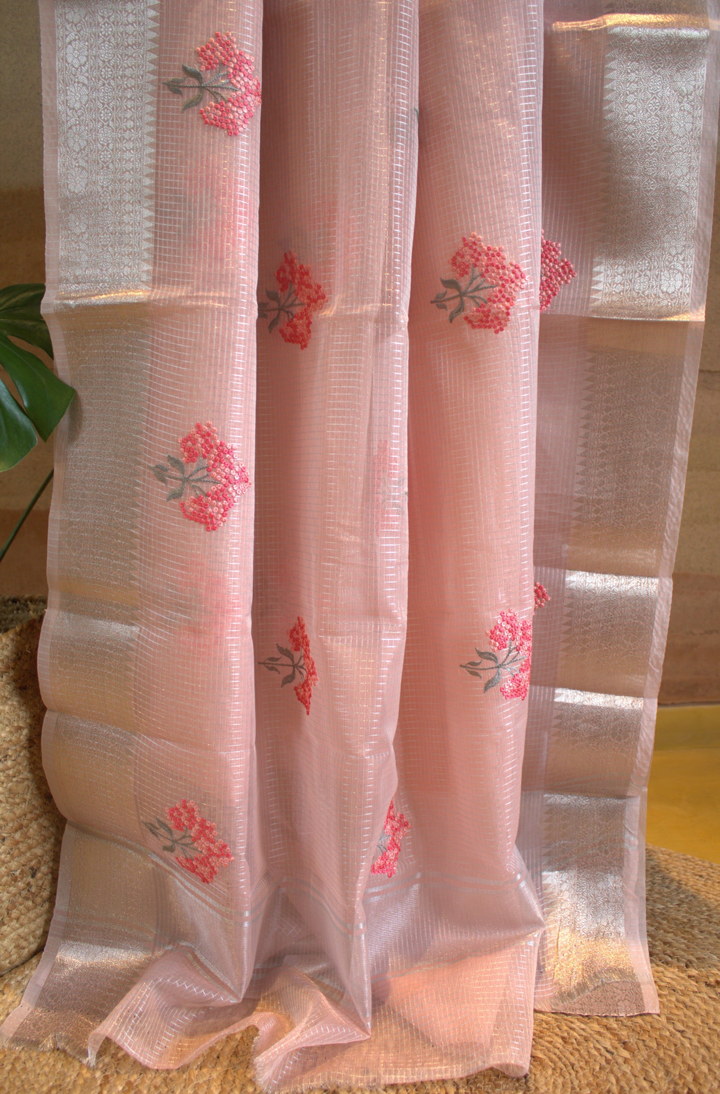 Kota Pink tissue Saree with Zari border and running blouse