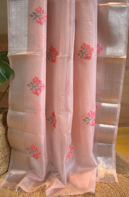 Kota Pink tissue Saree with Zari border and running blouse
