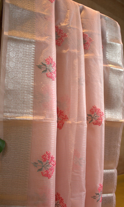 Kota Pink tissue Saree with Zari border and running blouse
