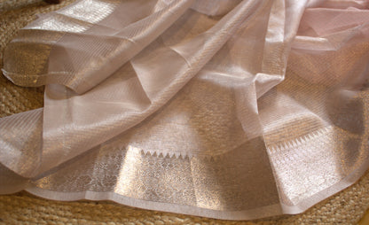 Kota Pink tissue Saree with Zari border and running blouse