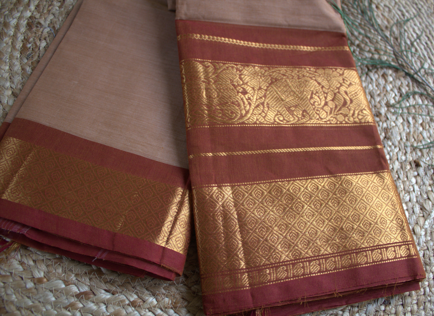 Kanchi cotton Beige saree with Brown golden zari border and running blouse